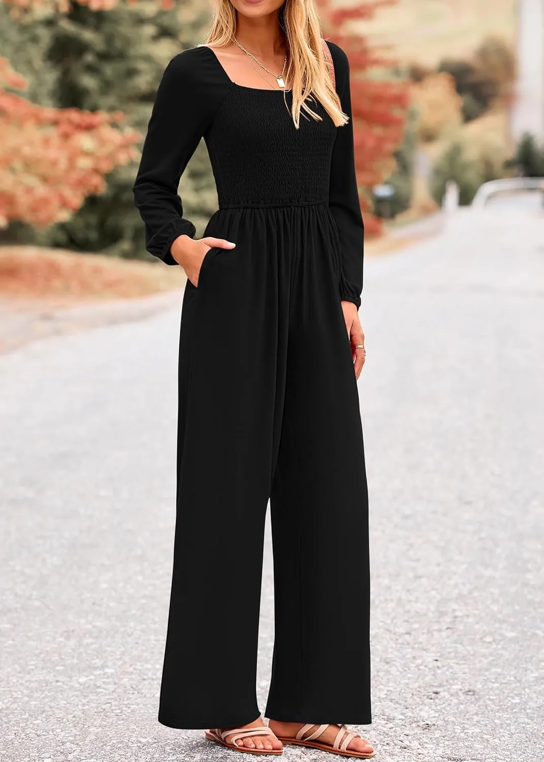 KIRUNDO Women 2025 Spring Fashion Long Sleeve Jumpsuits Casual Dressy One Piece Loose Smocked Wide Leg Pants Romper Pockets
