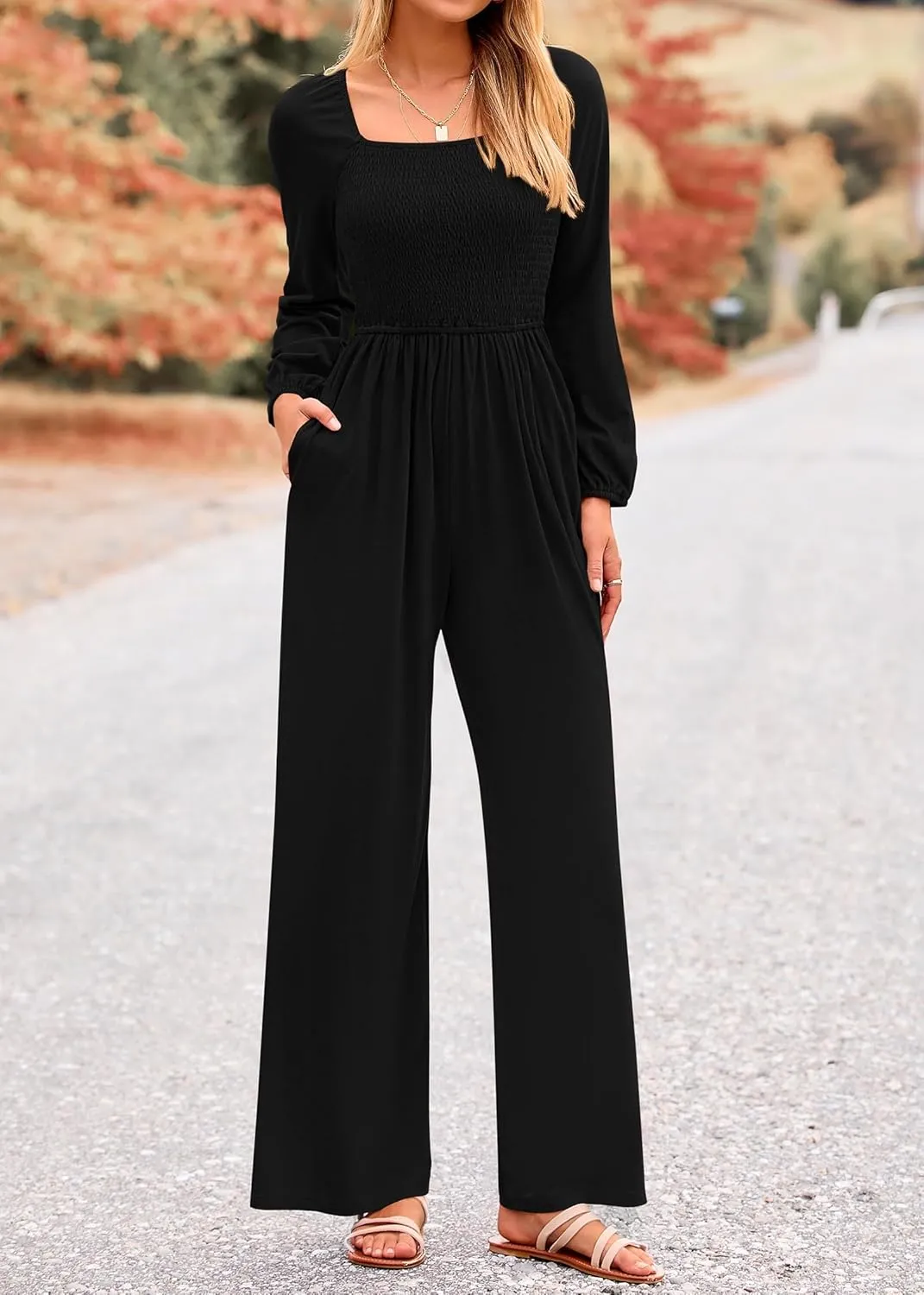 KIRUNDO Women 2025 Spring Fashion Long Sleeve Jumpsuits Casual Dressy One Piece Loose Smocked Wide Leg Pants Romper Pockets
