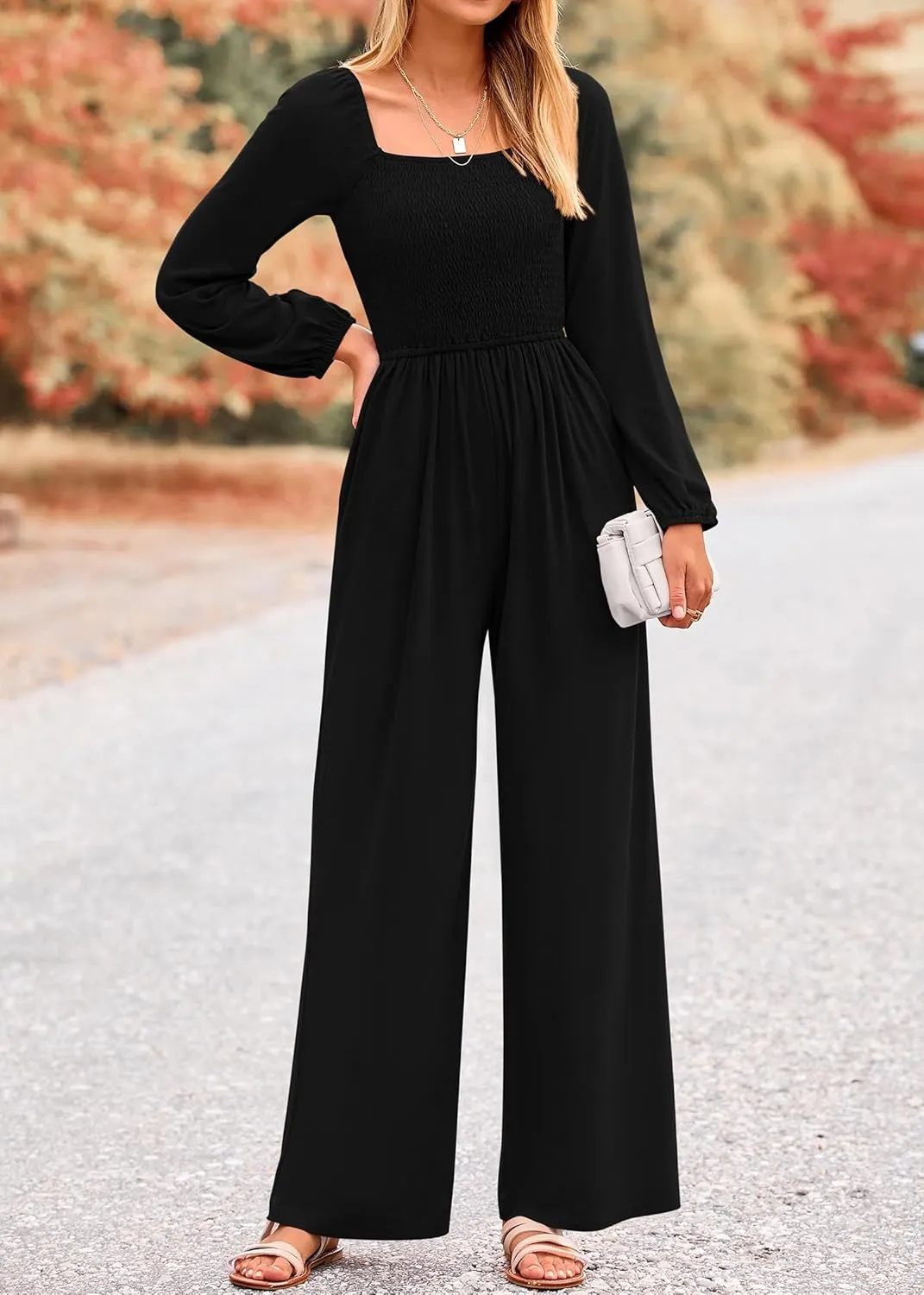 KIRUNDO Women 2025 Spring Fashion Long Sleeve Jumpsuits Casual Dressy One Piece Loose Smocked Wide Leg Pants Romper Pockets
