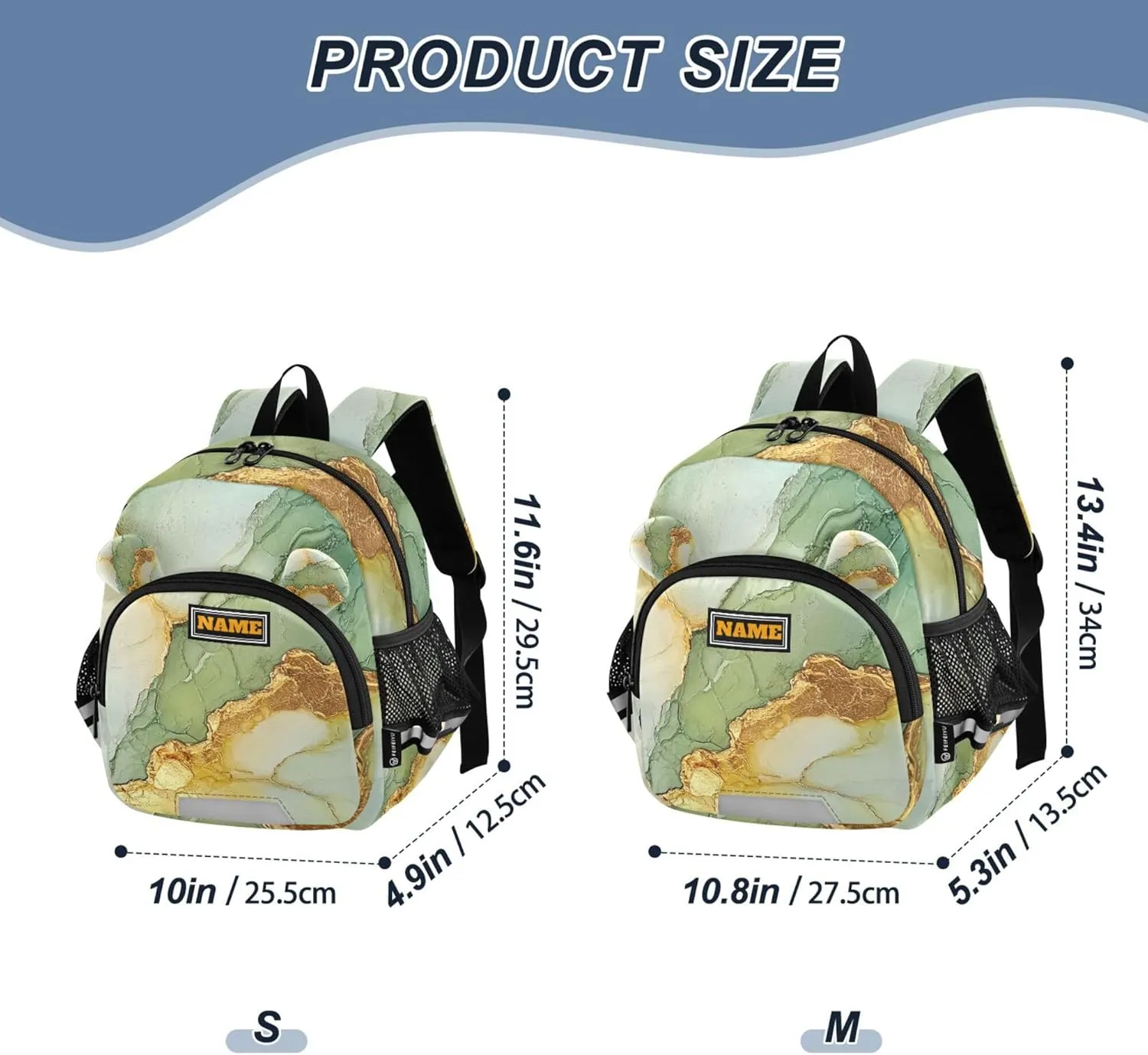 KLL Custom Cute Ears Backpacks For School Leash Little Girls Anti-Lost Personalized Elementary School Backpack with Reflective Strip M Marble Sage Green Yellow