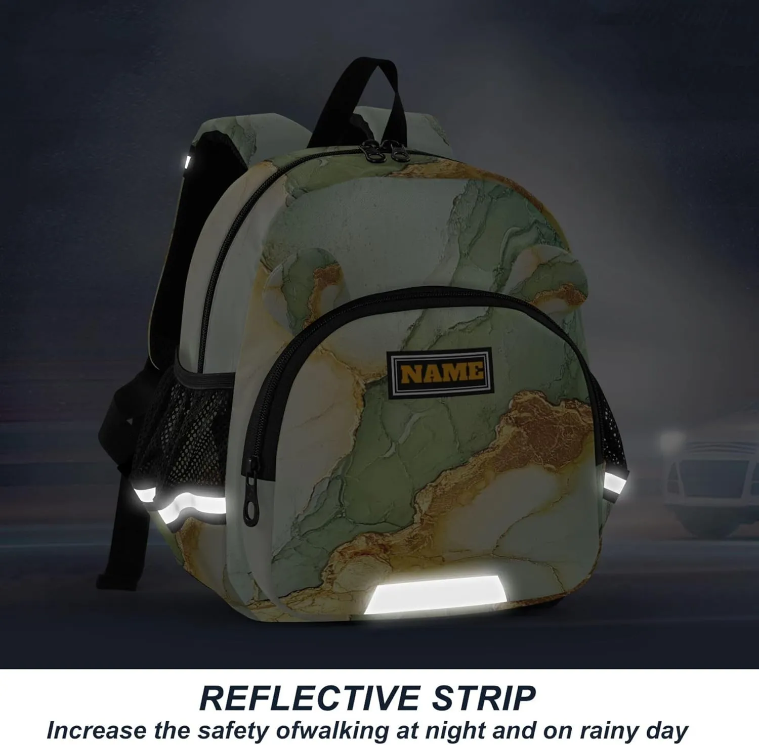 KLL Custom Cute Ears Backpacks For School Leash Little Girls Anti-Lost Personalized Elementary School Backpack with Reflective Strip M Marble Sage Green Yellow