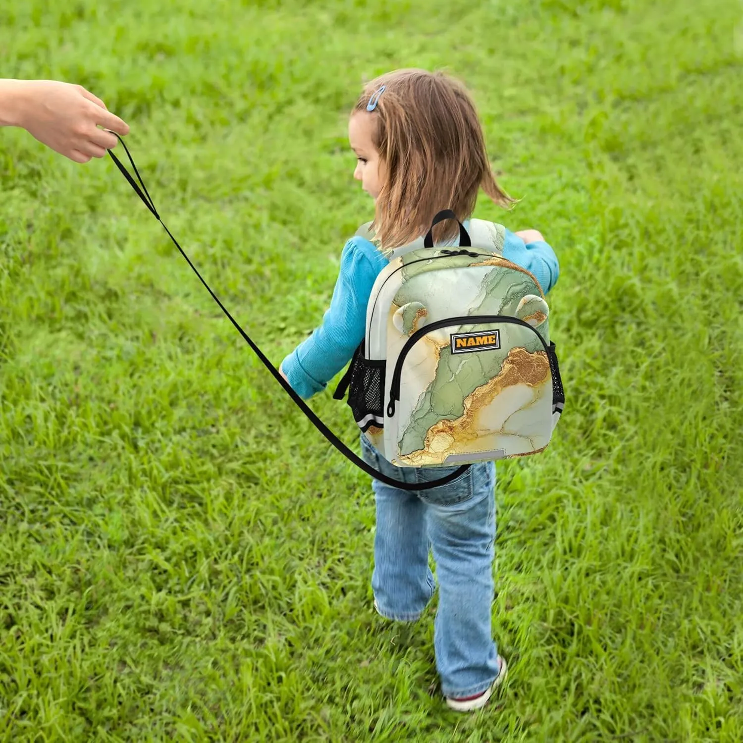 KLL Custom Cute Ears Backpacks For School Leash Little Girls Anti-Lost Personalized Elementary School Backpack with Reflective Strip M Marble Sage Green Yellow