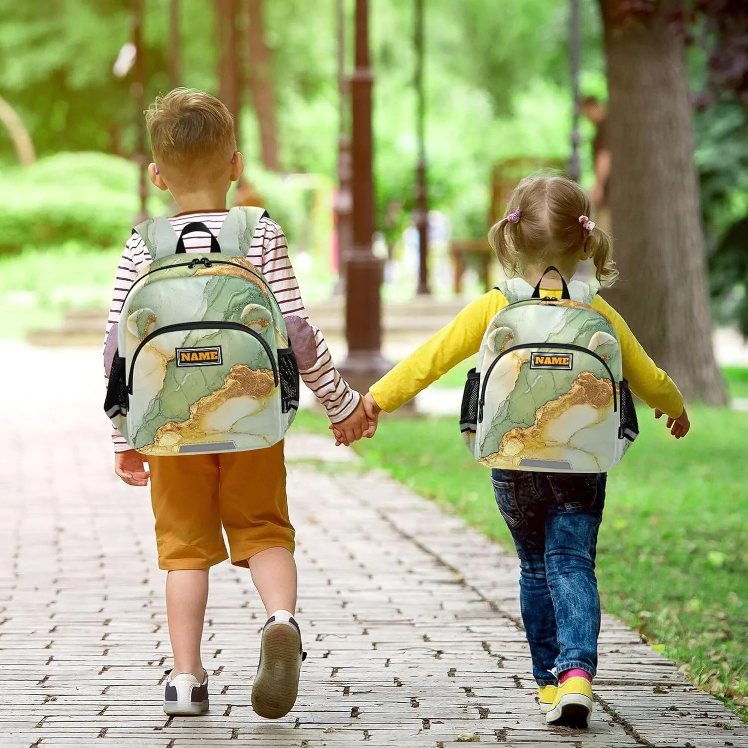 KLL Custom Cute Ears Backpacks For School Leash Little Girls Anti-Lost Personalized Elementary School Backpack with Reflective Strip M Marble Sage Green Yellow