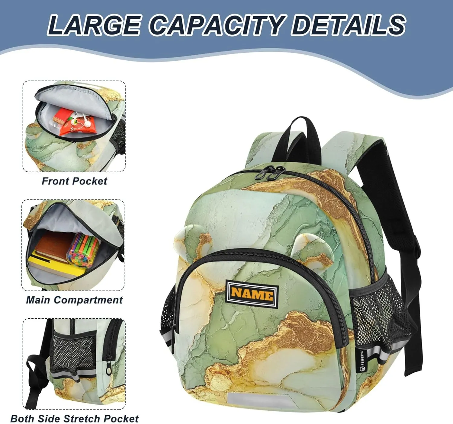 KLL Custom Cute Ears Backpacks For School Leash Little Girls Anti-Lost Personalized Elementary School Backpack with Reflective Strip M Marble Sage Green Yellow