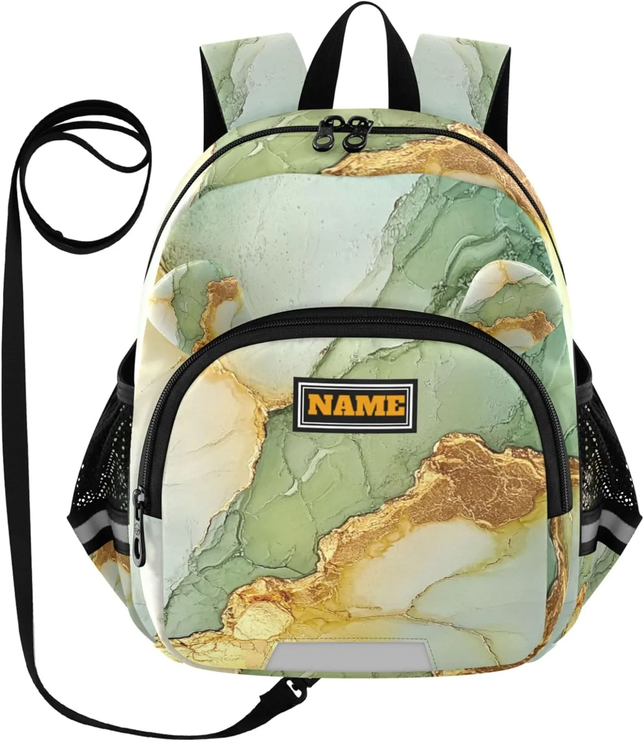 KLL Custom Cute Ears Backpacks For School Leash Little Girls Anti-Lost Personalized Elementary School Backpack with Reflective Strip M Marble Sage Green Yellow