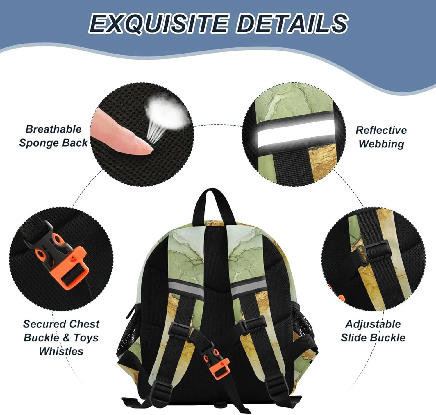 KLL Custom Cute Ears Backpacks For School Leash Little Girls Anti-Lost Personalized Elementary School Backpack with Reflective Strip M Marble Sage Green Yellow