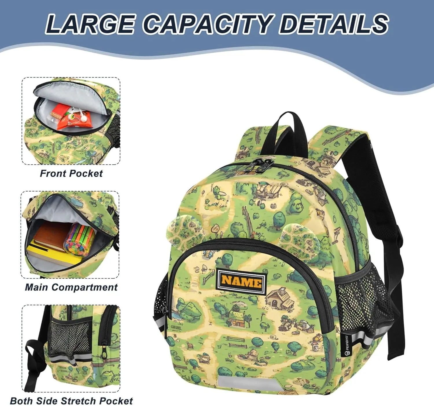 KLL Custom Cute Ears Toddler Backpack For Preschool Leash Boys Girls Anti-Lost Personalized School Backpack with Reflective Strip S Vintage Game Map