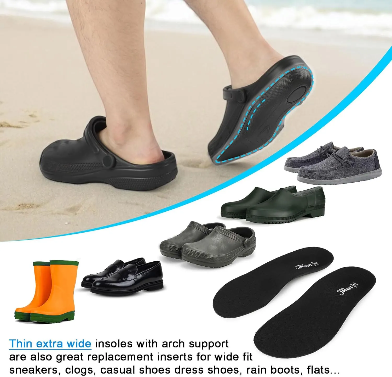 Knixmax Orthotic Insoles for Crocs Clog, Comfort Replacement Innersoles for Men Women, Wide Fit Shoe Inserts for Garden Shoes Sneakers Water Sandals Nurse Clogs Liners with Arch Support
