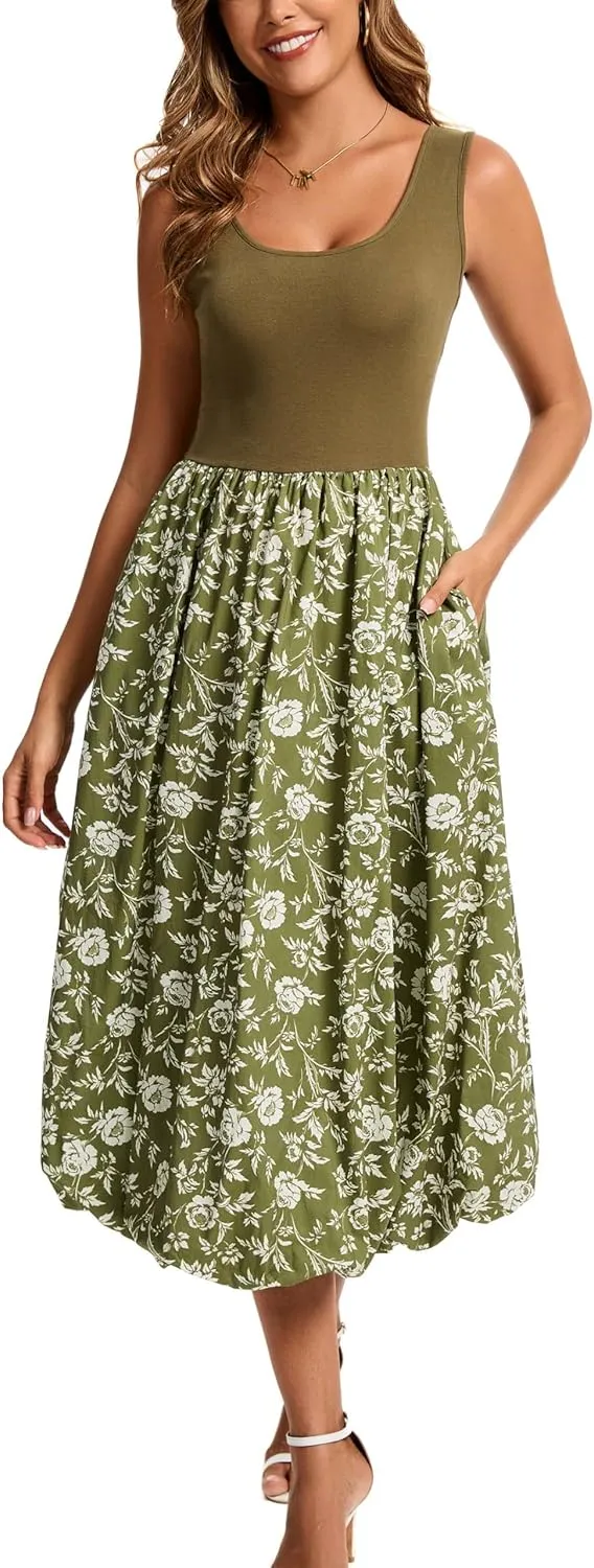 Kormei Women Sleeveless Casual Summer Beach Tank Long Dress A line Pleated Floral Flowy Sundress with Pockets