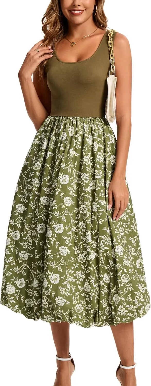 Kormei Women Sleeveless Casual Summer Beach Tank Long Dress A line Pleated Floral Flowy Sundress with Pockets