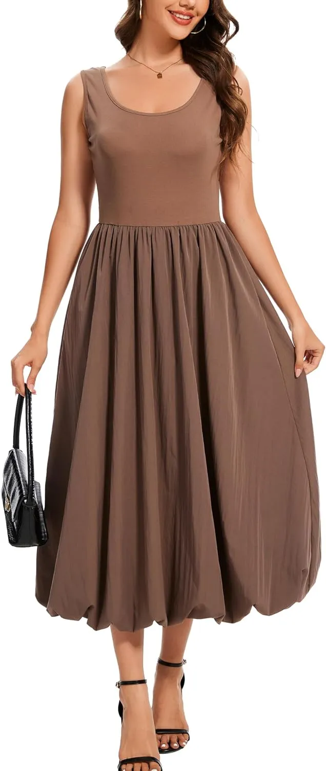Kormei Women Sleeveless Casual Summer Beach Tank Long Dress A line Pleated Floral Flowy Sundress with Pockets