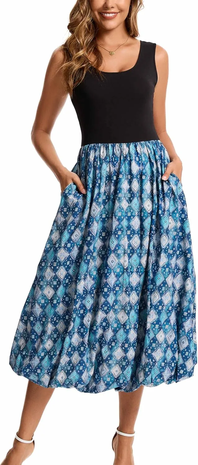 Kormei Women Sleeveless Casual Summer Beach Tank Long Dress A line Pleated Floral Flowy Sundress with Pockets