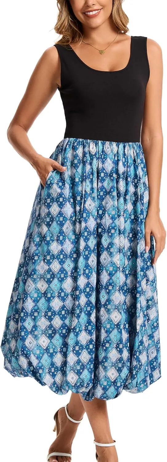 Kormei Women Sleeveless Casual Summer Beach Tank Long Dress A line Pleated Floral Flowy Sundress with Pockets