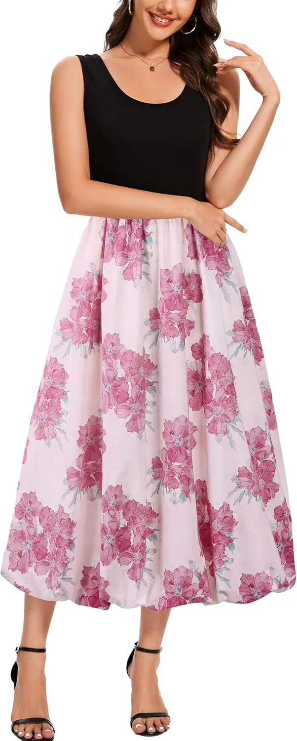 Kormei Women Sleeveless Casual Summer Beach Tank Long Dress A line Pleated Floral Flowy Sundress with Pockets