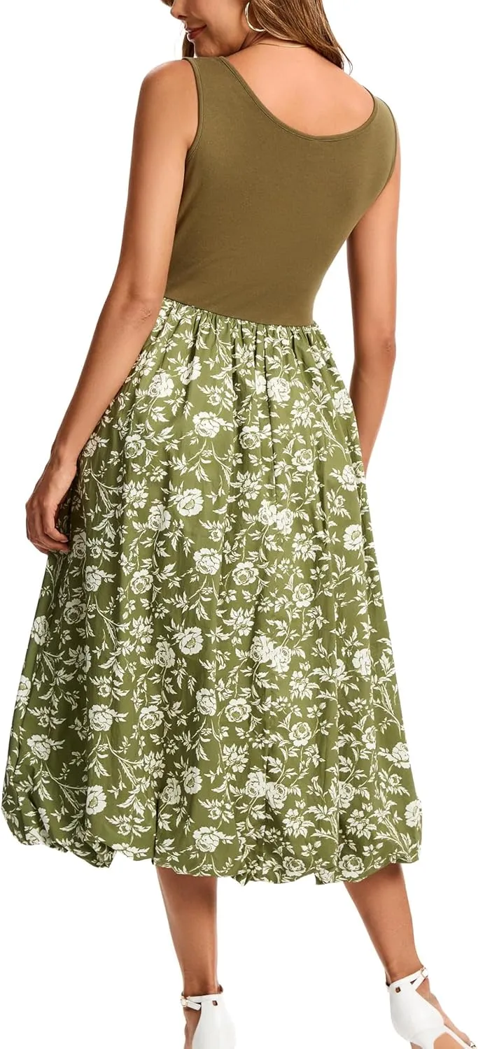 Kormei Women Sleeveless Casual Summer Beach Tank Long Dress A line Pleated Floral Flowy Sundress with Pockets
