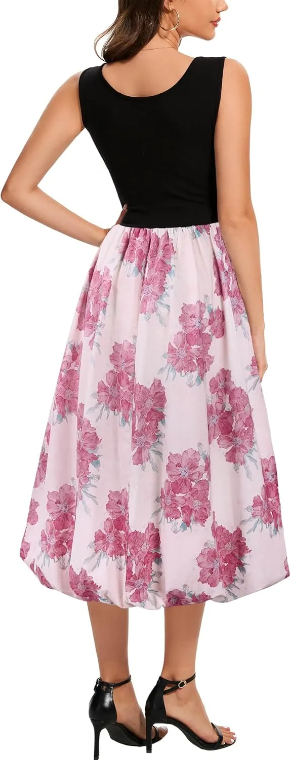 Kormei Women Sleeveless Casual Summer Beach Tank Long Dress A line Pleated Floral Flowy Sundress with Pockets