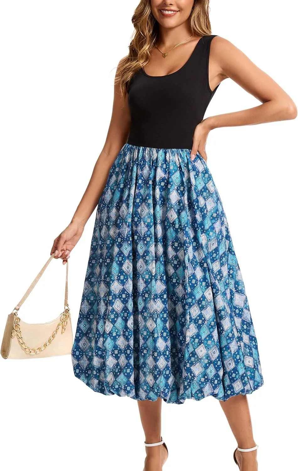 Kormei Women Sleeveless Casual Summer Beach Tank Long Dress A line Pleated Floral Flowy Sundress with Pockets