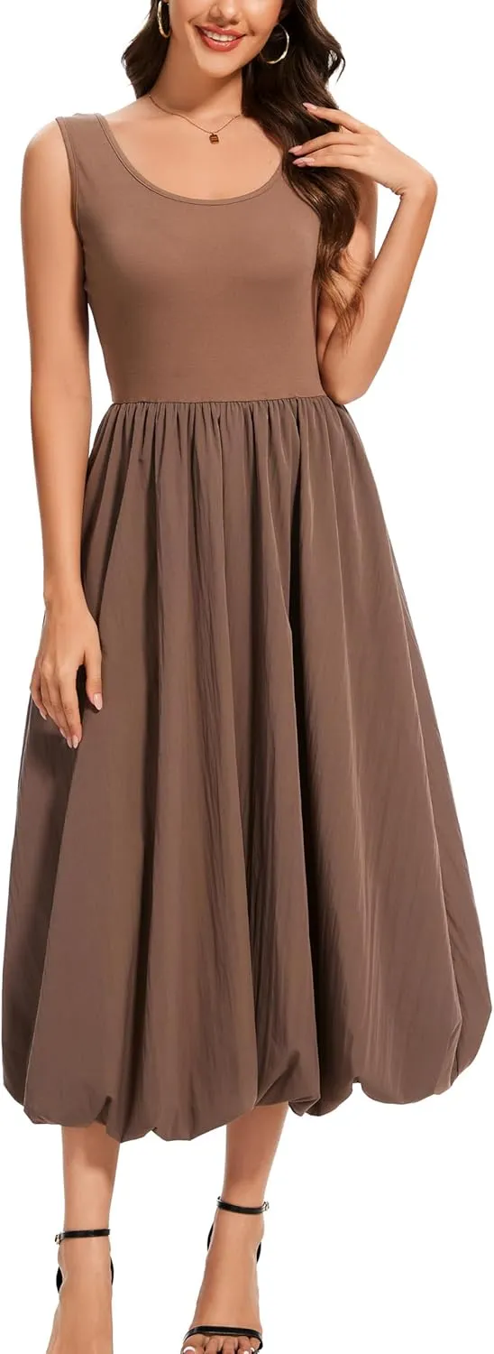 Kormei Women Sleeveless Casual Summer Beach Tank Long Dress A line Pleated Floral Flowy Sundress with Pockets
