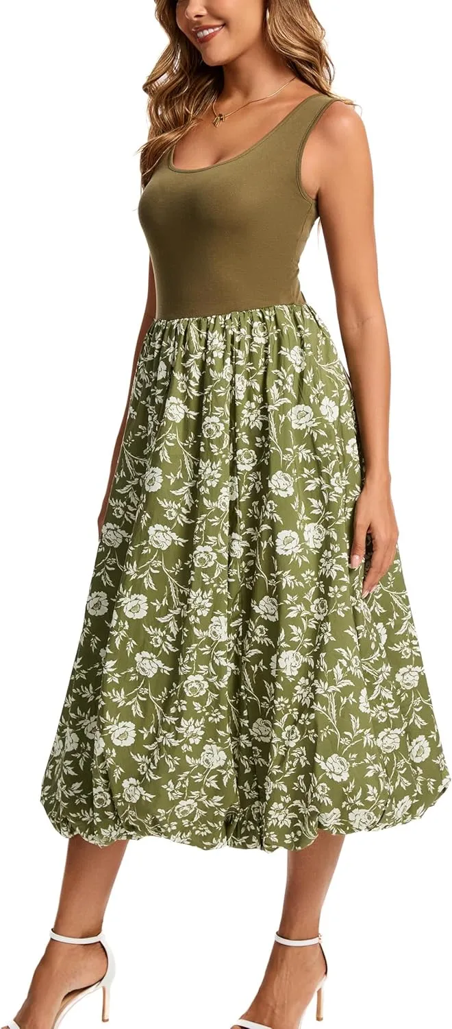 Kormei Women Sleeveless Casual Summer Beach Tank Long Dress A line Pleated Floral Flowy Sundress with Pockets