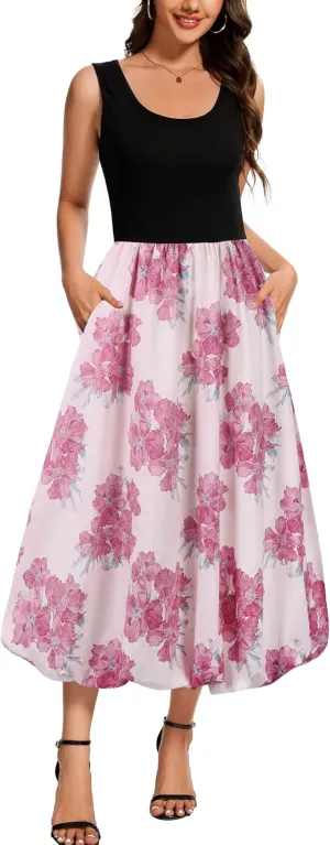 Kormei Women Sleeveless Casual Summer Beach Tank Long Dress A line Pleated Floral Flowy Sundress with Pockets