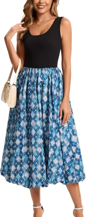 Kormei Women Sleeveless Casual Summer Beach Tank Long Dress A line Pleated Floral Flowy Sundress with Pockets