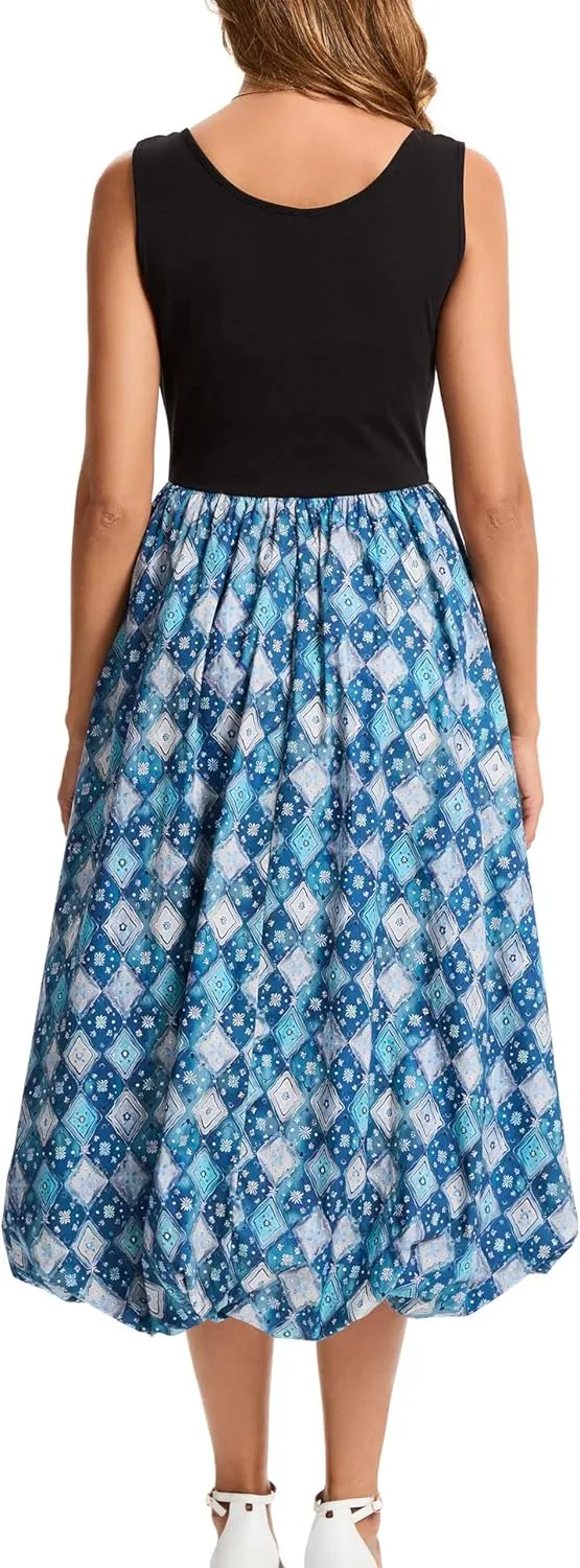 Kormei Women Sleeveless Casual Summer Beach Tank Long Dress A line Pleated Floral Flowy Sundress with Pockets