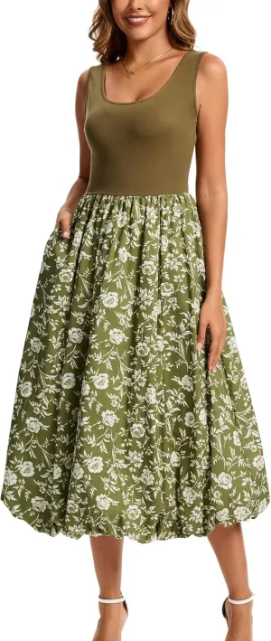 Kormei Women Sleeveless Casual Summer Beach Tank Long Dress A line Pleated Floral Flowy Sundress with Pockets