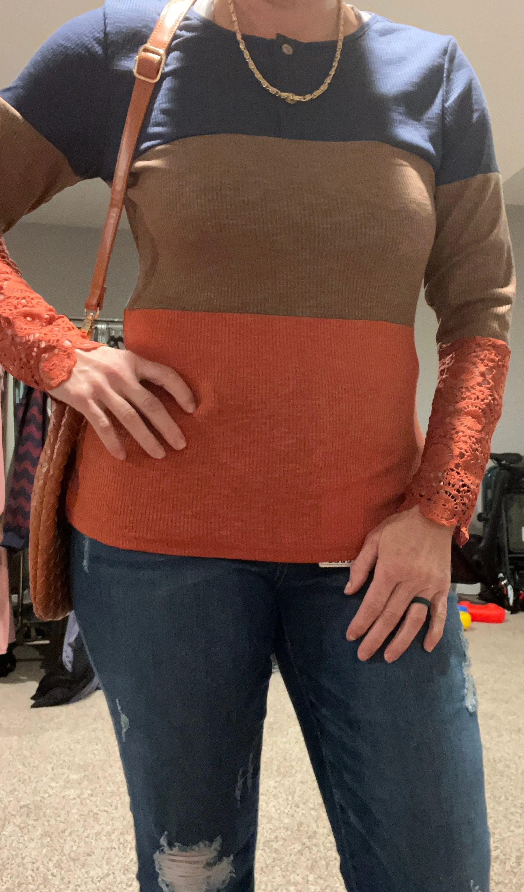 Lace sleeve colorblock henley