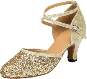 Ladies Latin Dancing Shoes Sparkling High-heeled Ballroom Dancing Tango Dancing Shoes Ladies Sandals(5 cm gold,11)