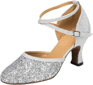 Ladies Latin Dancing Shoes Sparkling High-heeled Ballroom Dancing Tango Dancing Shoes Ladies Sandals(8 cm silver,10)