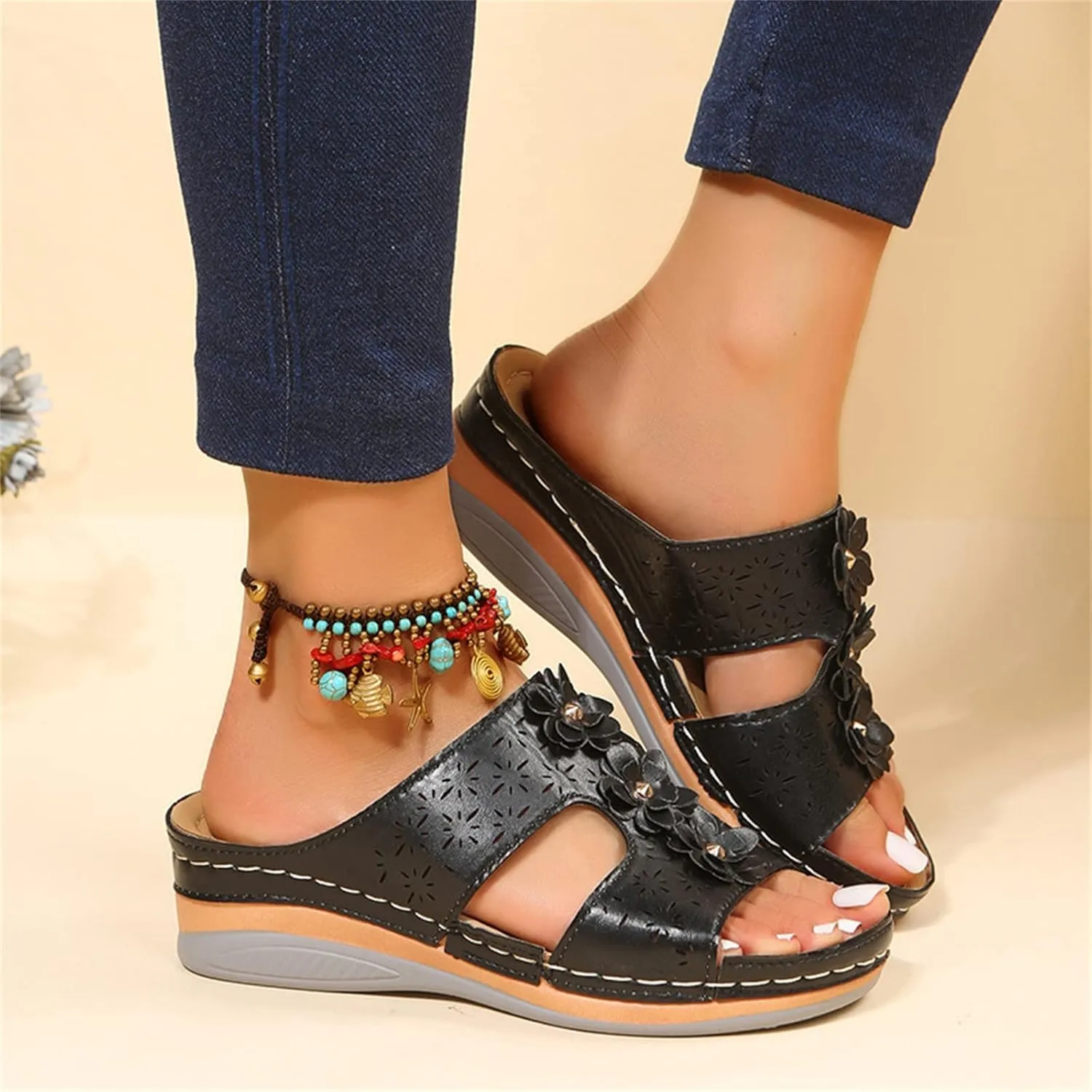 Ladmiple Sandals Women Beach Vacation Fashion Orthotic Slides Ladies Lightweight Athletic Slip On Slippers With Arch Support