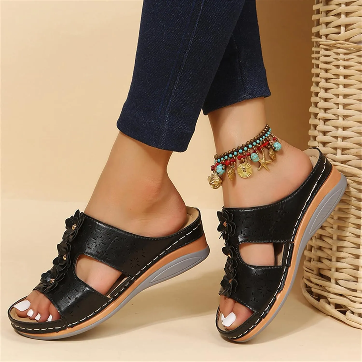 Ladmiple Sandals Women Beach Vacation Fashion Orthotic Slides Ladies Lightweight Athletic Slip On Slippers With Arch Support