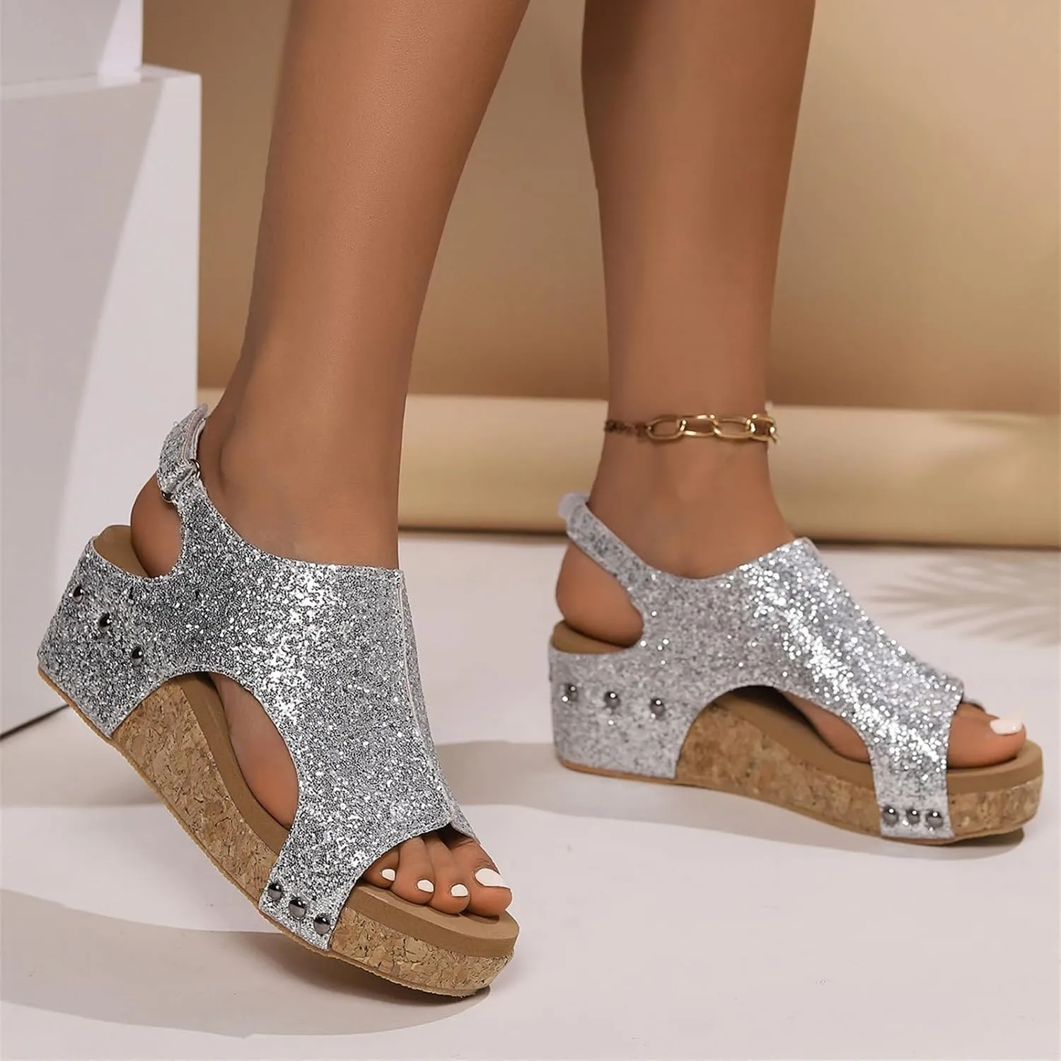 Ladmiple Womens Sandals Comfortable Dressy Wedge Heel Platform Sandals Ankle Strap Open Toe Casual Summer Glitter Dress Shoes