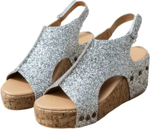 Ladmiple Womens Sandals Comfortable Dressy Wedge Heel Platform Sandals Ankle Strap Open Toe Casual Summer Glitter Dress Shoes