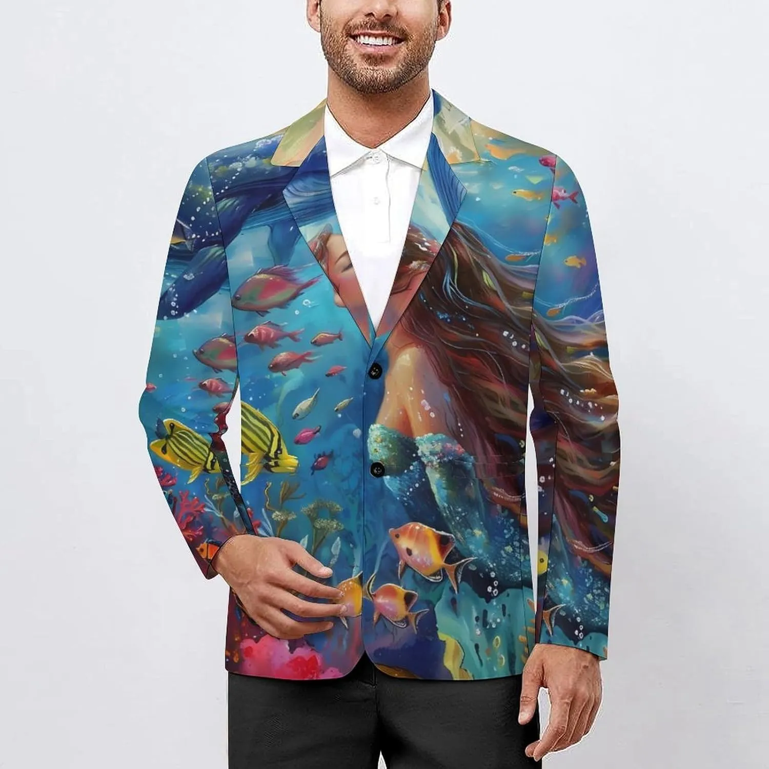 Lady Mermaid Dolphin Whale Ocean Mens Casual Blazer Button Suit Jacket Lightweight Sport Coat for Work Business