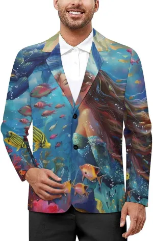 Lady Mermaid Dolphin Whale Ocean Mens Casual Blazer Button Suit Jacket Lightweight Sport Coat for Work Business