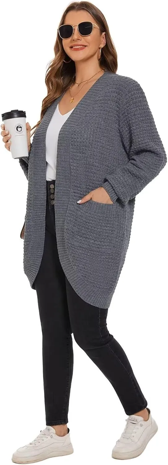 LARACE Long Cardigans for Women Plus Size Tops Open Front Sweaters with Pockets Waffle Ribbed Sleeve Loose Fall Outwear