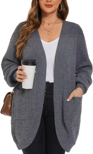 LARACE Long Cardigans for Women Plus Size Tops Open Front Sweaters with Pockets Waffle Ribbed Sleeve Loose Fall Outwear