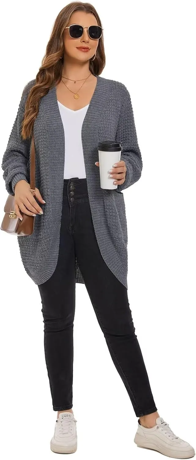LARACE Long Cardigans for Women Plus Size Tops Open Front Sweaters with Pockets Waffle Ribbed Sleeve Loose Fall Outwear