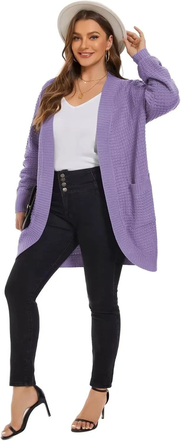 LARACE Long Cardigans for Women Plus Size Tops Open Front Sweaters with Pockets Waffle Ribbed Sleeve Loose Fall Outwear