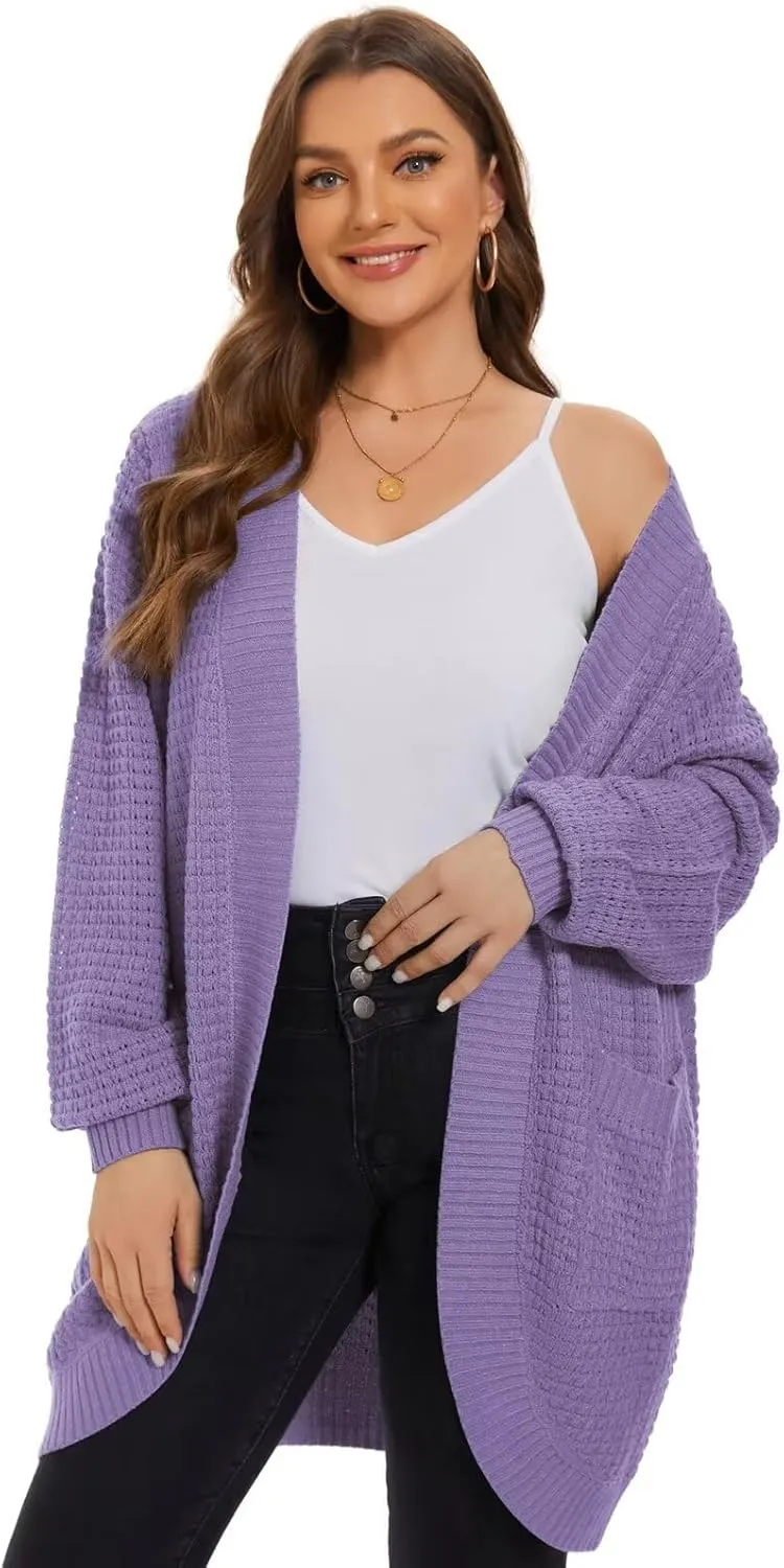LARACE Long Cardigans for Women Plus Size Tops Open Front Sweaters with Pockets Waffle Ribbed Sleeve Loose Fall Outwear