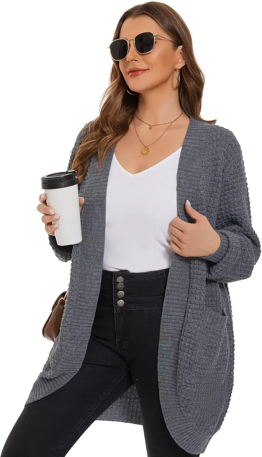 LARACE Long Cardigans for Women Plus Size Tops Open Front Sweaters with Pockets Waffle Ribbed Sleeve Loose Fall Outwear