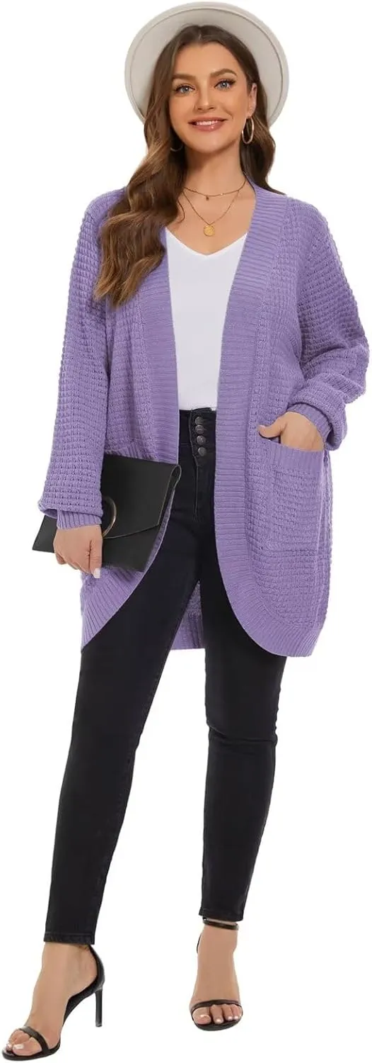 LARACE Long Cardigans for Women Plus Size Tops Open Front Sweaters with Pockets Waffle Ribbed Sleeve Loose Fall Outwear