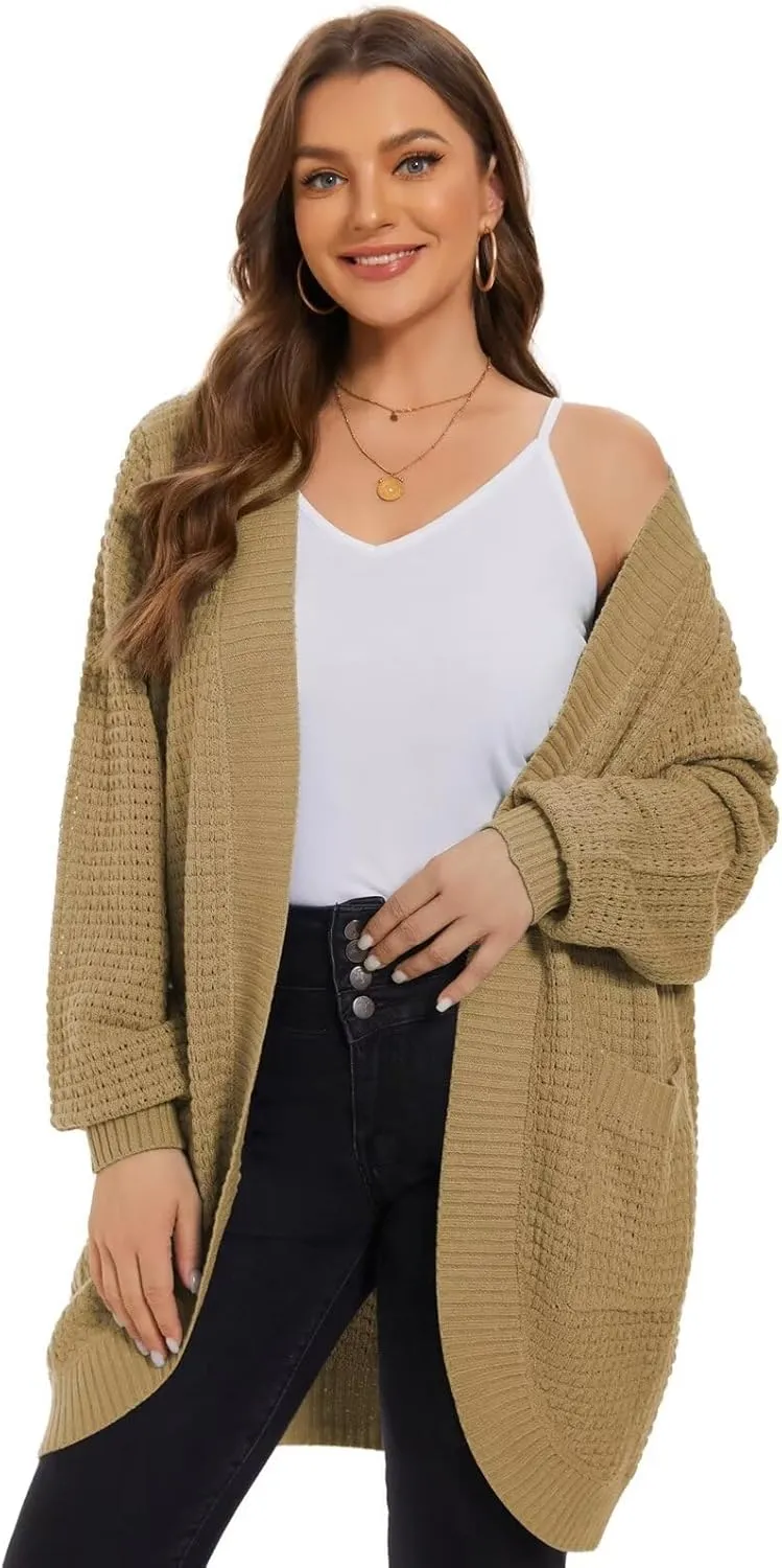 LARACE Long Cardigans for Women Plus Size Tops Open Front Sweaters with Pockets Waffle Ribbed Sleeve Loose Fall Outwear