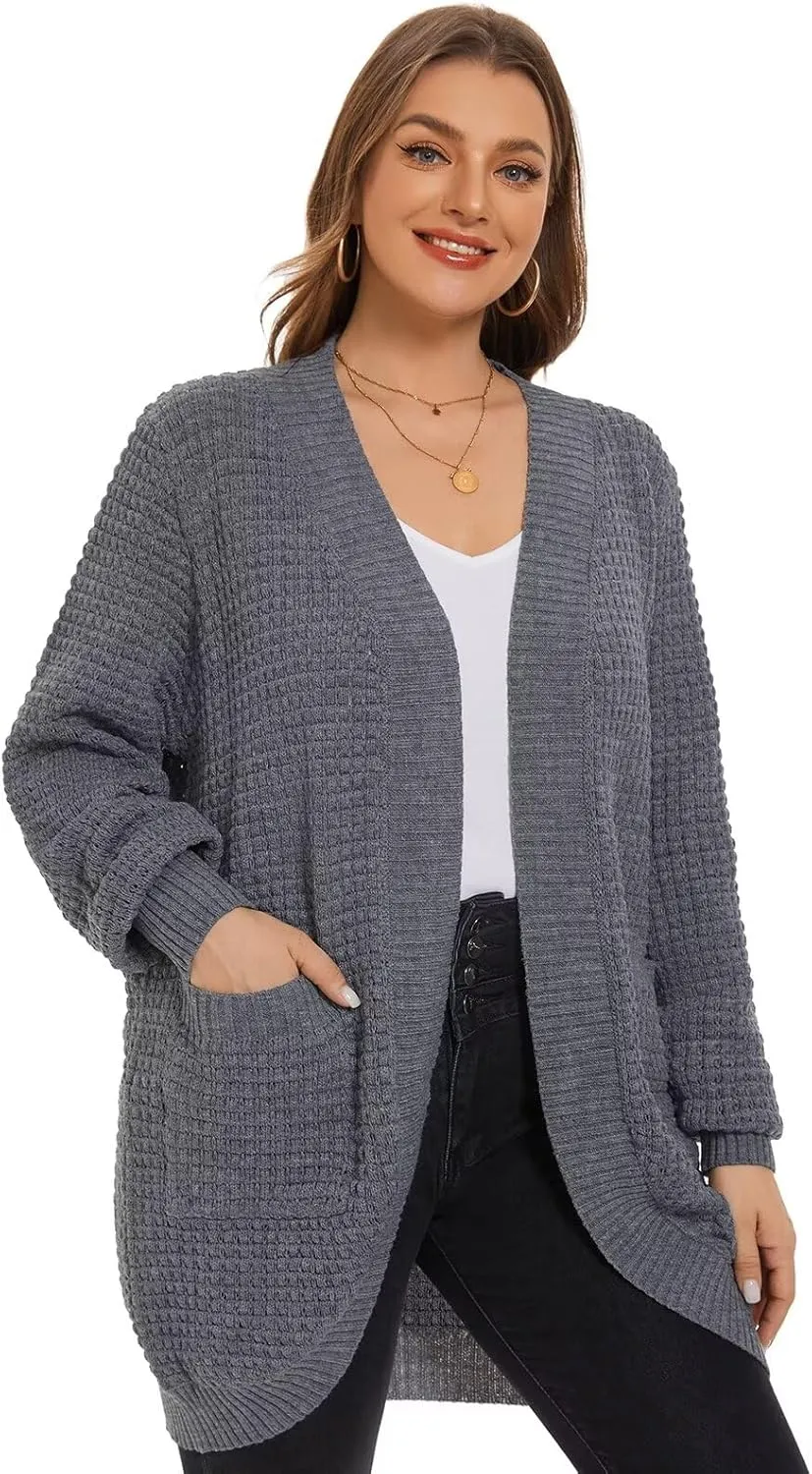LARACE Long Cardigans for Women Plus Size Tops Open Front Sweaters with Pockets Waffle Ribbed Sleeve Loose Fall Outwear