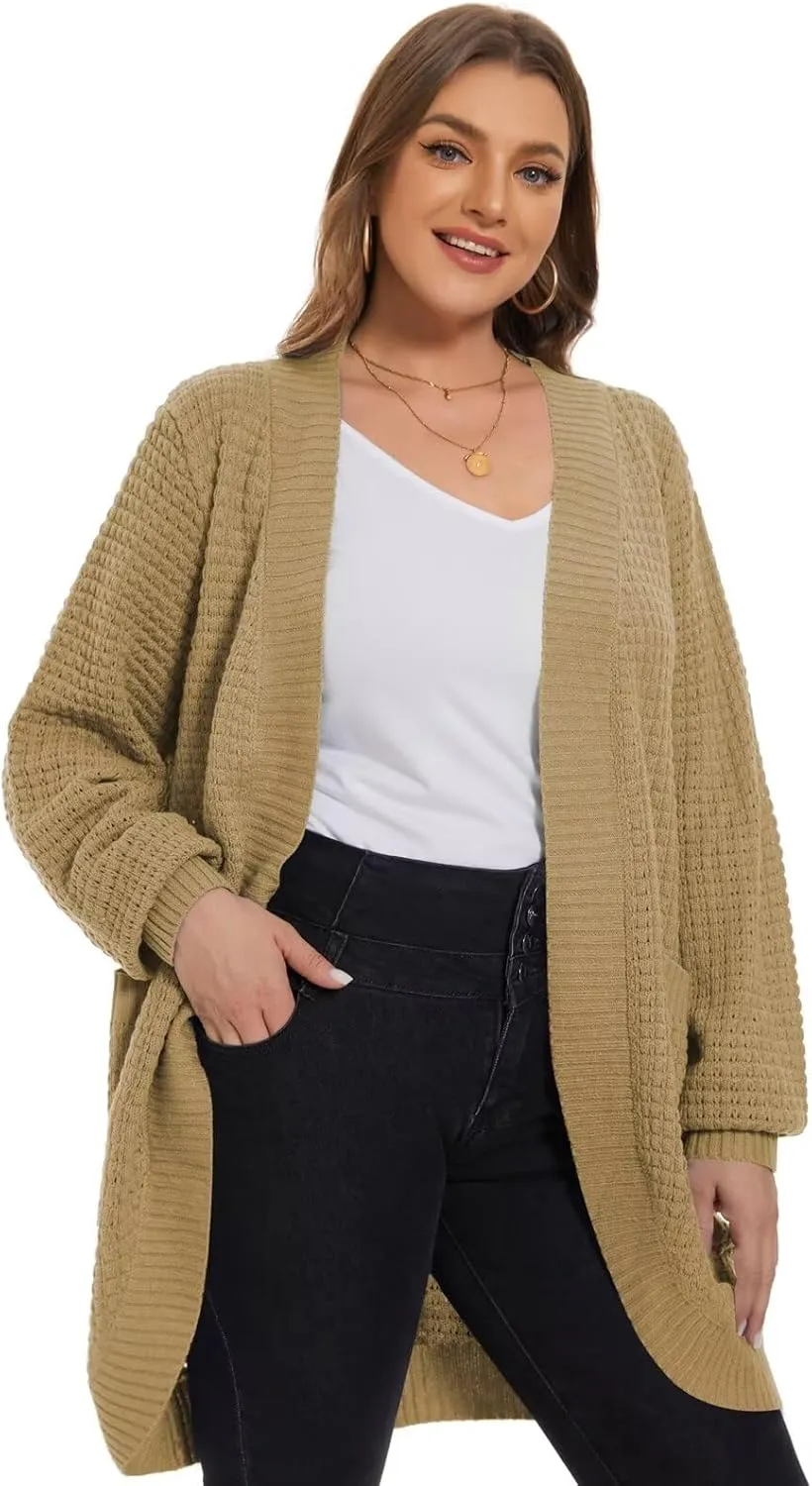 LARACE Long Cardigans for Women Plus Size Tops Open Front Sweaters with Pockets Waffle Ribbed Sleeve Loose Fall Outwear