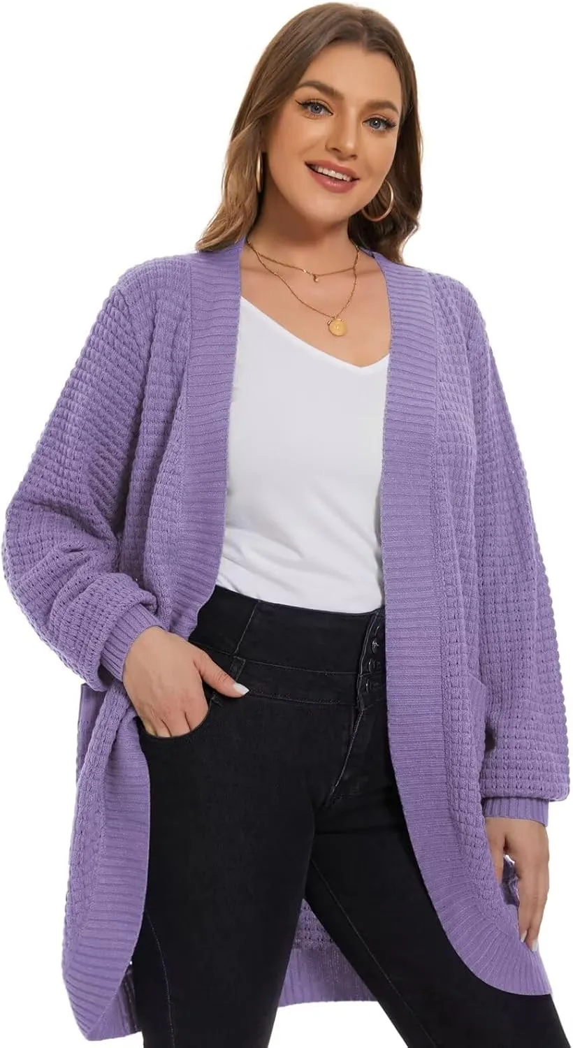 LARACE Long Cardigans for Women Plus Size Tops Open Front Sweaters with Pockets Waffle Ribbed Sleeve Loose Fall Outwear
