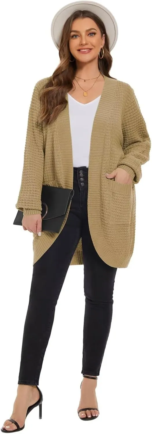 LARACE Long Cardigans for Women Plus Size Tops Open Front Sweaters with Pockets Waffle Ribbed Sleeve Loose Fall Outwear
