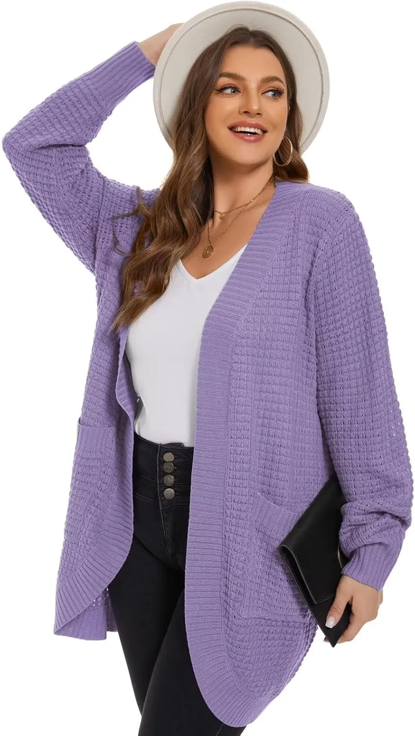 LARACE Long Cardigans for Women Plus Size Tops Open Front Sweaters with Pockets Waffle Ribbed Sleeve Loose Fall Outwear