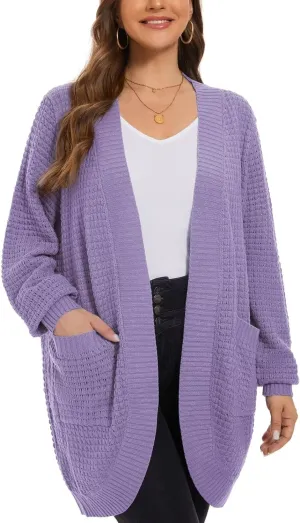 LARACE Long Cardigans for Women Plus Size Tops Open Front Sweaters with Pockets Waffle Ribbed Sleeve Loose Fall Outwear